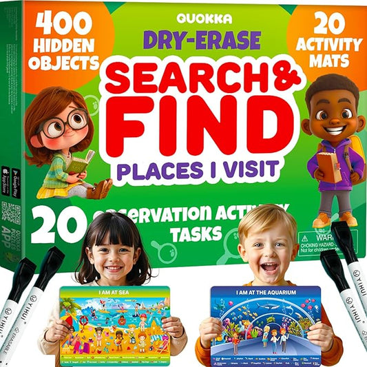 QUOKKA Busy Book Handwriting Practice for Kids - Search & Find - Activity Cards for Kids 3-8 – Reusable Mats with Dry-Erase Marker, Explore 20 Topics, Road Trip Activities, and Travel Games