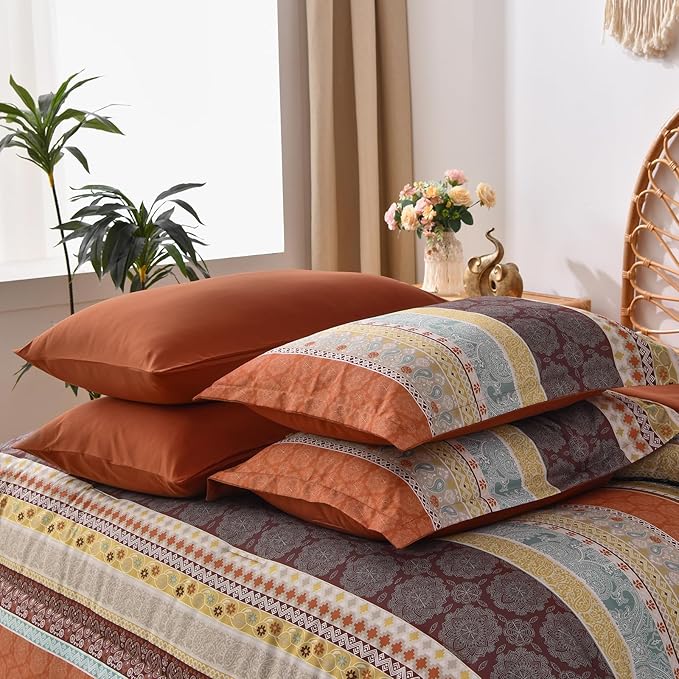 Cottolester Boho Comforter Set King Size,8 Pieces Red and Orange Bohemian Striped Bed in a Bag,Paisley Soft Microfiber Bedding Comforter Set