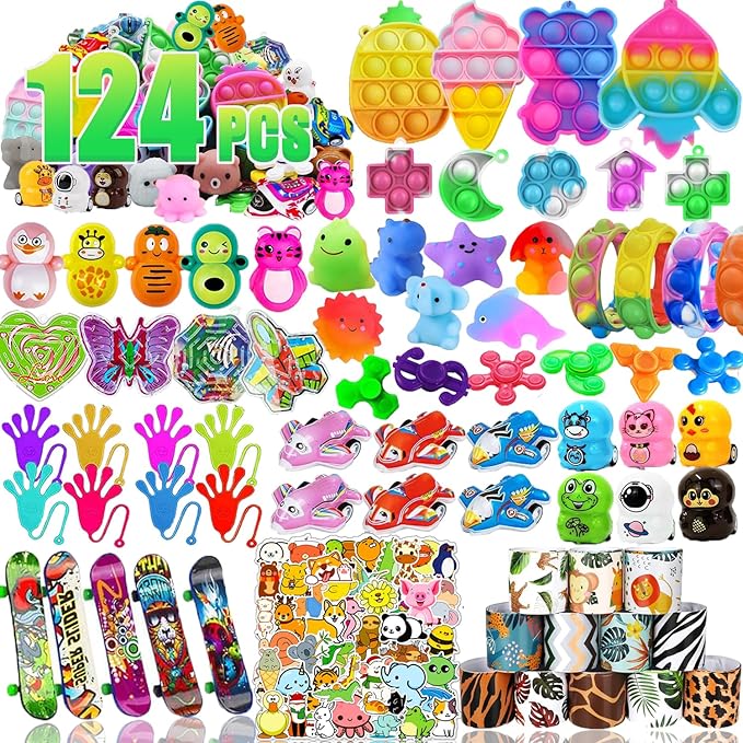 124 Pack Party Favors for Kids,Goodie Bags Pinata Stuffers,Treasure Box Toys,Birthday Party Gift Toys,School Classroom Rewards,Carnival Prizes Box,Easter Egg Filler Bulk Fidget Toys for Boys Girls