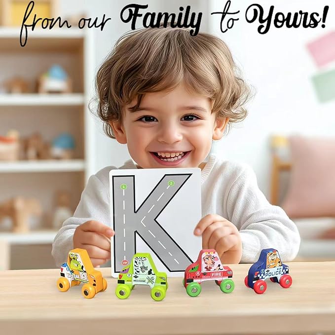 BEKILOLE 4 Wooden Race Cars Montessori Learning Toys for 6-12-18 Months Birthday Gift Travel Toy for 1 2 Year Old Boy Girl Infant Toddlers 8 9 10 Months Old with Tracing Flash Cards