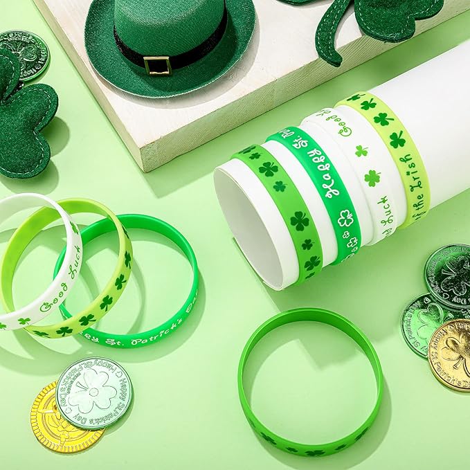 48 Pieces St Patrick's Day Rubber Wristbands St Patrick's Day Accessories Shamrock Bracelets Green Shamrock Irish Bracelets St. Patrick's Day Party Favors Supplies