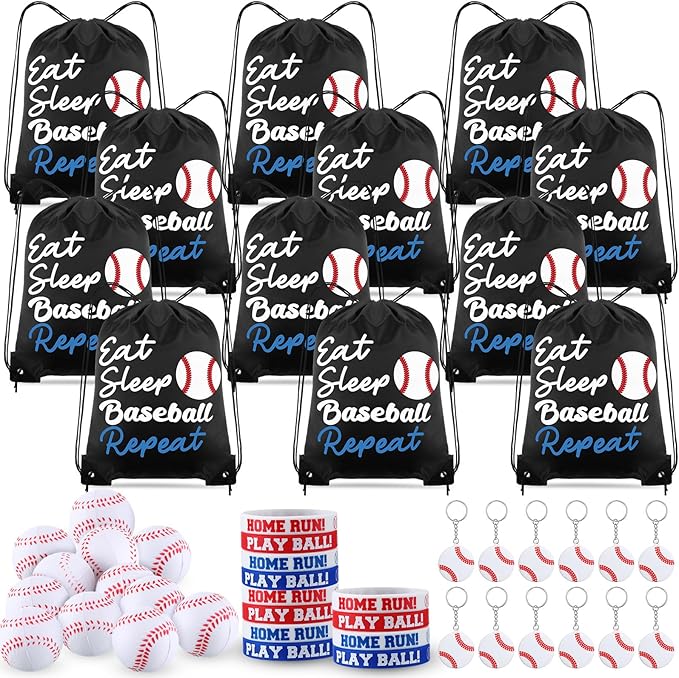 48 Pcs Baseball Party Favors for Kids Include 12 Baseball Drawstring Bags, 12 Baseball Keychain, 12 Silicone Baseball Bracelets, 12 Mini Stress Ball for Sports Birthday Supplies Decorations