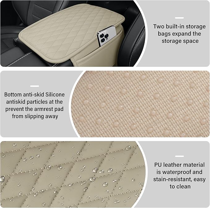 Amiss Car Center Console Cover, Leather Car Armrest Cushion with 2 Storage Pockets, Universal Waterproof Cushion Pad, Non-Slip Car Interior Accessories, Fits Most Sedans SUVs Trucks (Light Beige)