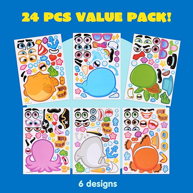 JOYIN 24PCS 9"x6" Make a face Stickers for Kids, Make Your Own Ocean Animal Stickers, Sea Party Favors Kids Crafts, Goodie Bags Stuffers, Classroom Rewards