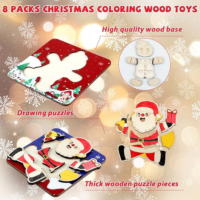 8 Pack Christmas Wooden Puzzles for Toddlers Christmas Puzzles Coloring Craft Kits for Kids Christmas Stocking Stuffers Crafts Toys Winter Xmas Party Favors Gifts Educational Jigsaw Puzzle