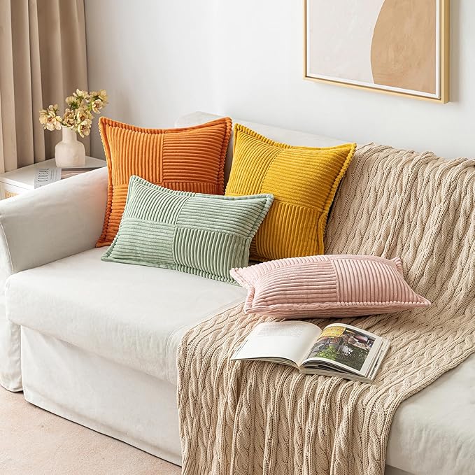 MIULEE Burnt Orange Decorative Throw Pillow Covers for Couch Bed Livingroom 20x20 Inch Set of 2 Boho Accent Throw Pllows Broadside Striped Patchwork Soft Corduroy Pillowcases