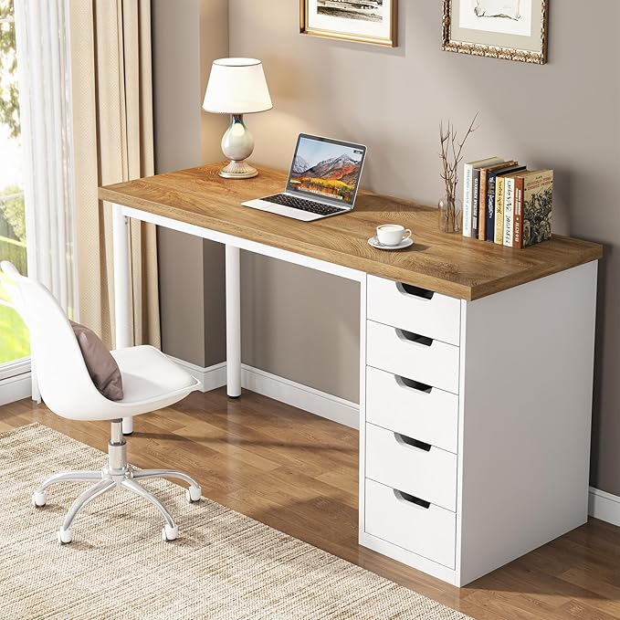 Tribesigns Computer Desk with 5 Drawers, 47 inches Rustic Brown Home Office Desk with Storage, Modern Simple Laptop Desk Study Writing Table for Small Spaces (1, Walnut+White)