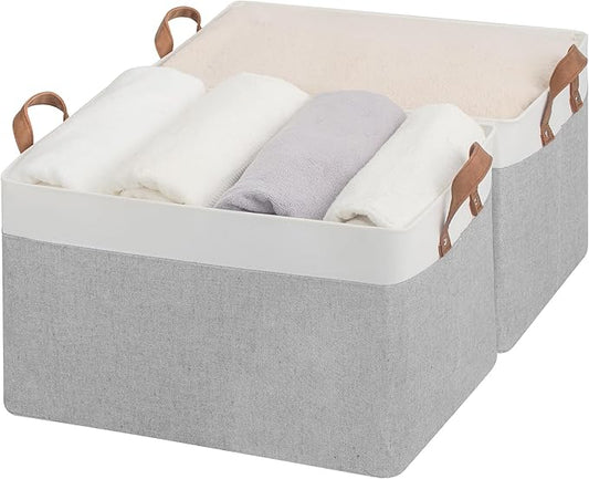 StorageWorks Storage Bins, Fabric Storage Bins for Shelves, Extra Large Storage Baskets with Metal Frame, Closet Baskets and Bins with Handles, Jumbo, Gray and White, 2-Pack