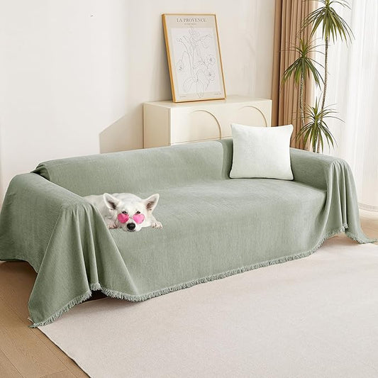 MYSKY HOME Sectional Couch Cover Blanket Living Room Furniture Protector for Pets, Farmhouse Home Decor Sofa Covers Tassel Chenielle Sofa Slipcover Soft Throw Couch for Dogs,71" X 118", Sage Green