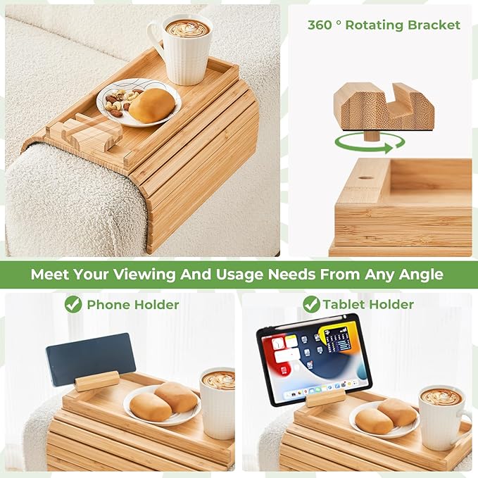 Bamboo Sofa Arm Tray, Anti Falling Couch Arm Tray Armrest Table with 360° Rotating Phone Holder, Foldable and Portable Sofa Armrest Trays Cup Holder for Drink,Cups, Phone, Snacks, Remote