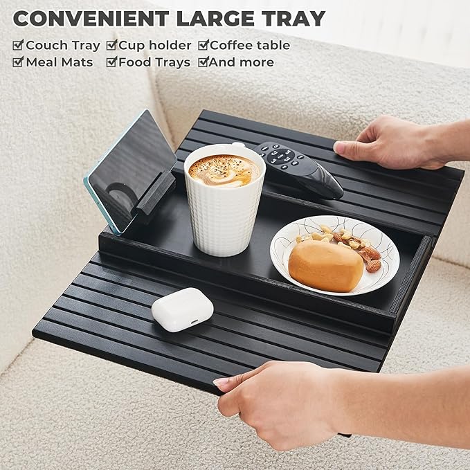 Bamboo Sofa Arm Tray Armrest Table with 360° Rotating Phone Holder, Anti Falling Couch Arm Tray, Foldable and Portable Sofa Armrest Cup Holder for Drink,Cups, Phone, Snacks, Remote