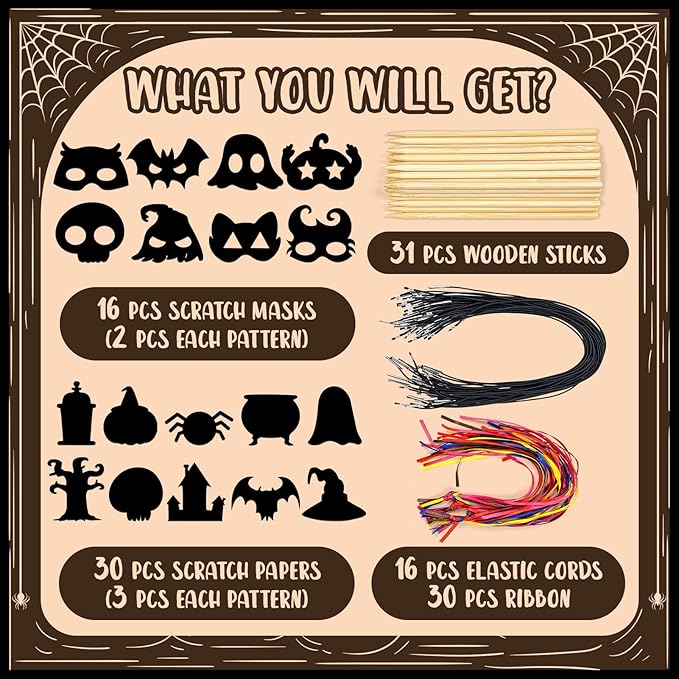 Leesgel Halloween Scratch Crafts for Kids, 16Pcs Halloween DIY Cosplay Scratch Mask and 30Pcs Magic Scratch Off Paper, Halloween Party Games Favors Classroom Activity Art Kit