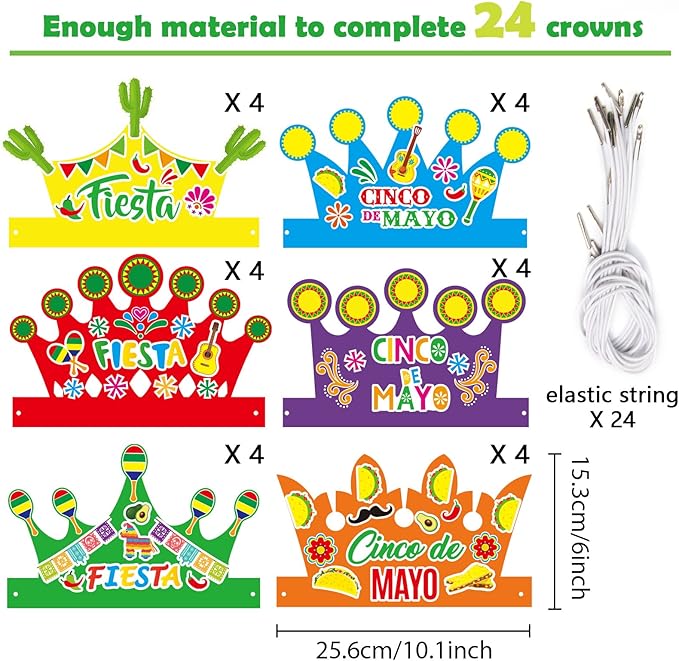 24 Packs Fiesta Cinco De Mayo Mexican Crown for Kids Fiesta Headband DIY Art Craft Cactus Taco Sticker Set Summer Craft Kits for Kindergarten Preschool Home Classroom Game Activities Party Favors