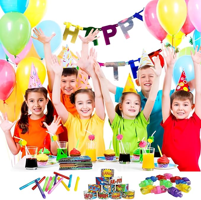 122 Pcs Superhero Party Favors with Slap Bracelets,Punch Balloons,Superhero Stickers,Button Pin Badges,Notepads,Pen,Finger Lights for Superhero Themed Goody Bag Stuffer Class Prize