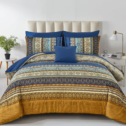 Cottolester Boho Comforter Set California King Size 8 Pieces,Brown Blue Bohemian Comforter Paisley Striped Bed in A Bag,Soft Microfiber Bedding Set for All Season