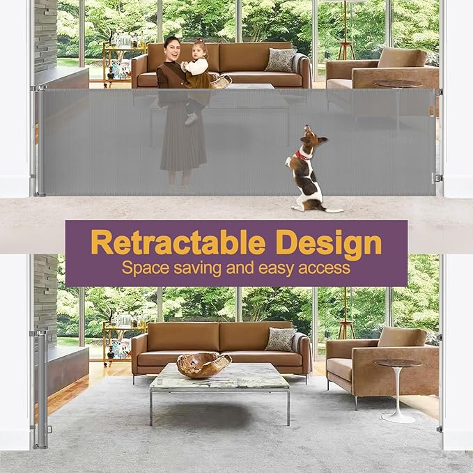 42" Tall X 160" Extra Wide Retractable Dog Gate, Extra Tall Pet Gates for Wide Openings, Extra Long Baby Gates for Doorways Tall Mesh Dog Gate Indoor Child Safety Gate Outdoor Deck Gate, Gray