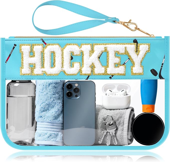 BuyCard Hockey Gifts Makeup Bag with Chenille Letter Patch, Clear Cosmetic Pouch PVC Organizer Purse, Waterproof Travel Bag, Portable Toiletry Storage Bag for Her Friends