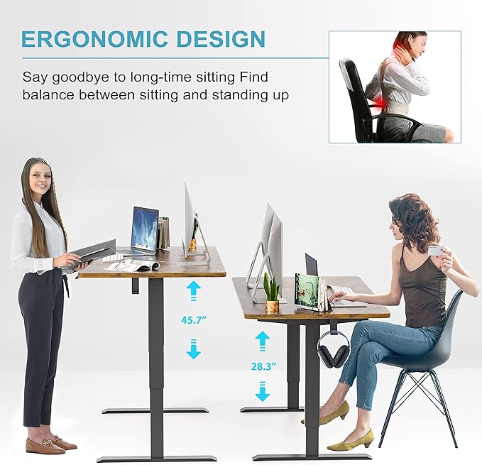 Monomi Electric Height Adjustable Standing Desk, 48x24 Inches, Ergonomic Home Office Sit/Stand Up Desk with Two-Piece Desktop (Black Steel Frame/Rustic Brown Top)