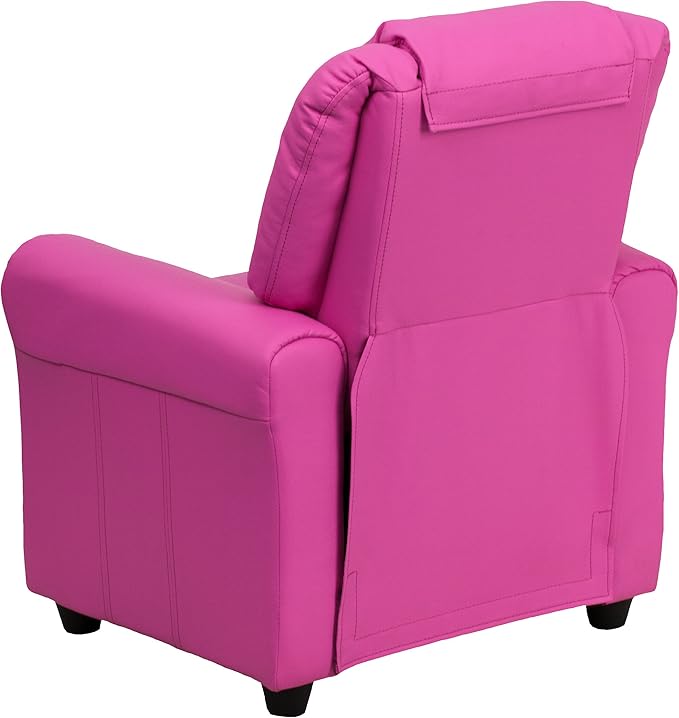 Flash Furniture Vana Vinyl Kids Recliner with Cup Holder, Headrest, and Safety Recline, Contemporary Reclining Chair for Kids, Supports up to 90 lbs., Hot Pink