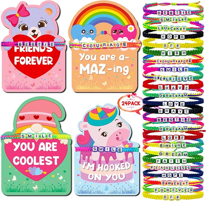 24Pack Kids Valentines Day Cards, Valentine Cards with Bead Bracelets, Valentines Day Gifts for Kids Classroom Prizes, Valentine School Exchange Gifts, Valentine’s Day Class Favors, Friendship Cards