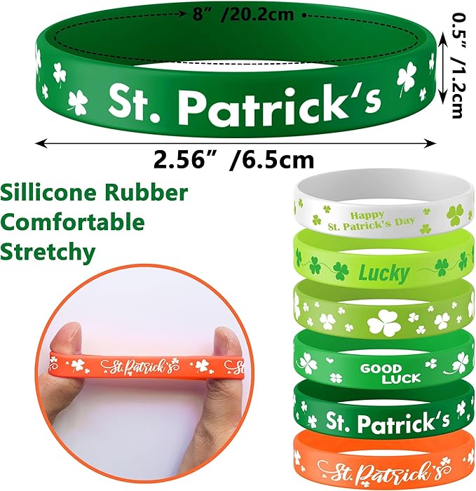 Lesnala 48 PCS St. patrick's day rubber wristband Shamrock Element Silicone Bracelet Theme Party Decoration for kids teens women men gifts holiday accessories Green