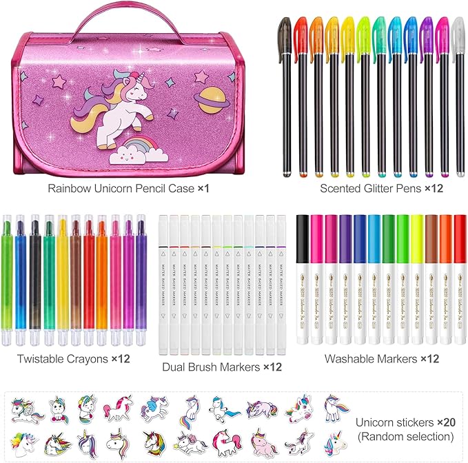 beefunni Unicorn Washable Markers Set 48 pcs with Glitte Pencil Case, Art Supplies for Kids Ages 4-6-8, Arts Crafts Coloring Set with Unicorn Stickers - Birthday Gifts for Girls 4 5 6 7 8 9 Year Old
