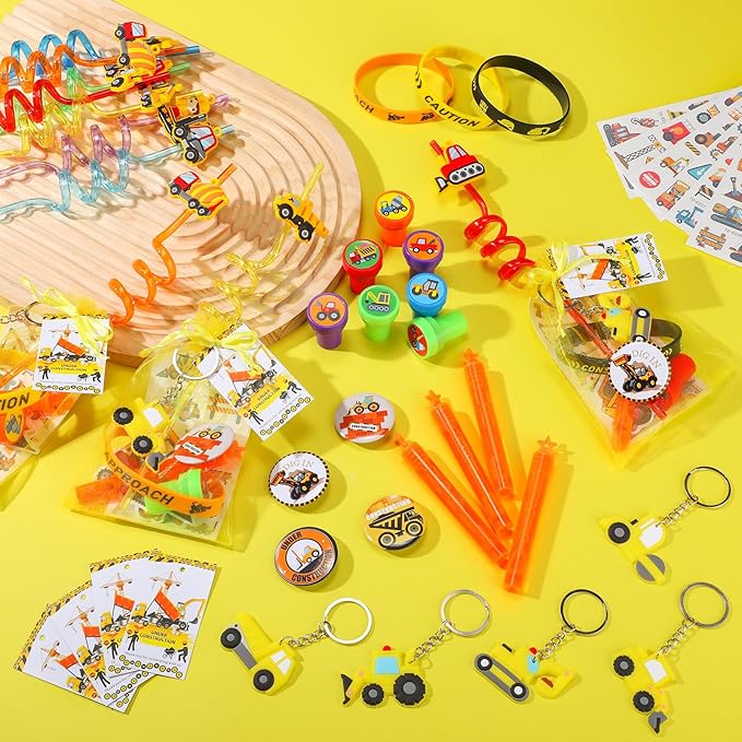 HyDren 194 Pcs Construction Party Favors for 16 People Include Straws Bubble Wands Bracelet Keychain Tattoo Sticker Badge Stamps Cards Organza Bags for Boys Girls Birthday Party Supplies Class Reward
