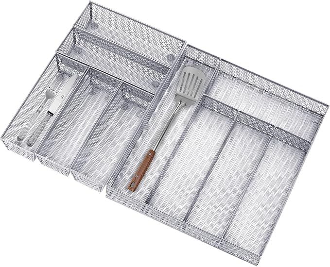 Neudeco Drawer Organizer Set 6 Pack - 5-Compartment Silverware Organizer Tray + 5 Utensil Trays, Kitchen Drawer Organizer for Flatware, Cutlery, Office Supplies, Silver Mesh, Non-Slip