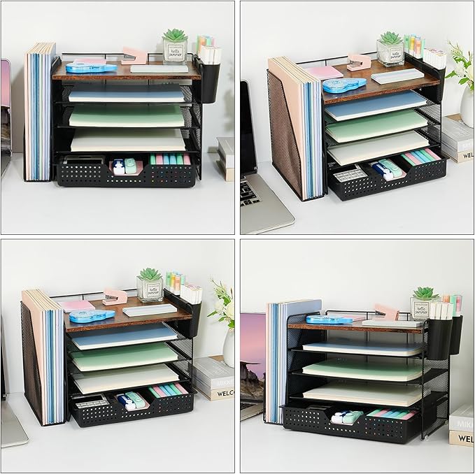 OPNICE Desk Organizer, 5-Tier Paper File Organizer with Drawer & Pen Holder, Office Desk Accessories, Workspace Desktop Organizer for Office Supplies(Brown Wood)