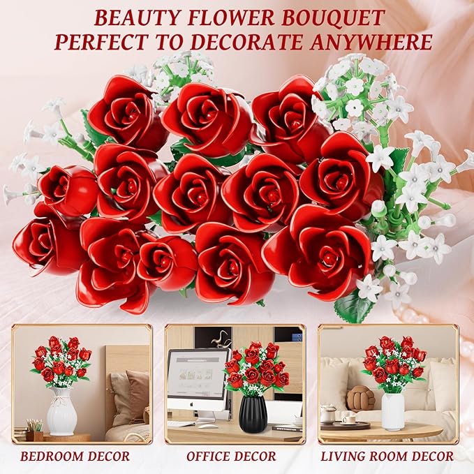 Red Rose Flowers Bouquet Building Set, Flower Plants for Botanical Collection and Decorative Home Table Art Forever Rose Toy, Valentine's DIY Gift for Women Girls Adults 6+, No Vase