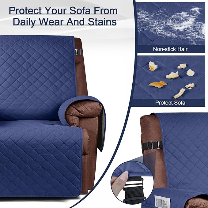 KinCam 100% Waterproof Recliner Chair Cover, Reclining Couch Covers for Pets, Dogs, Recliner Couch Slipcover Furniture Protector with Elastic Straps for Kids(28", Blue)