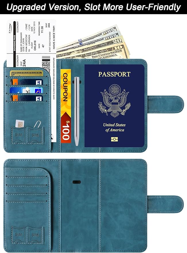 Passport Holder Cover Wallet Travel Essentials Leather Rfid Blocking Case Vacation Luggage Must Haves Travel Accessories for Men Women (120#Blue)