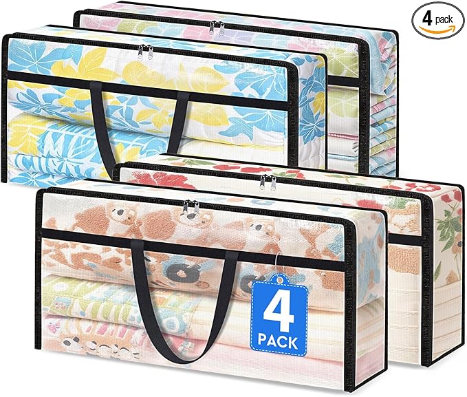 4 Pack Long Clear Storage Bags for Comforter, Clothes & Bedding, Plastic Blanket Storage with Zipper and Handle, Moving Bags, Closet Organizer and Under-Bed Storage (90L, 39.4"*7.1"*19.7")