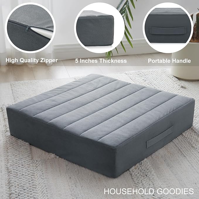 22 inches Floor Pillow for Adults - Large Meditation Cushion with Thick Foam & Soft Tufted Cover - Premium Outdoor Square Floor Cushion Seat - Yoga Pillows for Sitting On Floor - Dark Gray