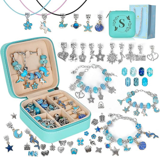 Charm Bracelet Making Kit, Kid Jewelry Making Kit for Girls 8-12, Unicorn Craft Kits for Teen Girls Toys Ages 3-10 Years Old Girl Gifts Trendy Stuff Birthday Christmas Gift with Initial Jewelry Box- S