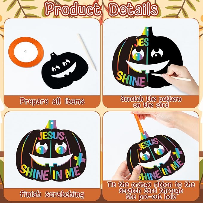 B1ykin Fall Religious Pumpkin Scratch Card - DIY Autumn Magic Scratch Cards Craft Kit for Kids, Christian Black Bible Hanging Tags Party Favors for Thanksgiving Sunday School Classroom Art Activity