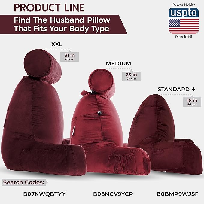 Husband Pillow Medium Aspen Edition Arizona Maroon, Sit Up Reading & Bed Rest with Arms, Ultra-Comfy, Detach Neck Roll - Premium Shredded Memory Foam Backrest, Reverses to Micro: Suede or Plush