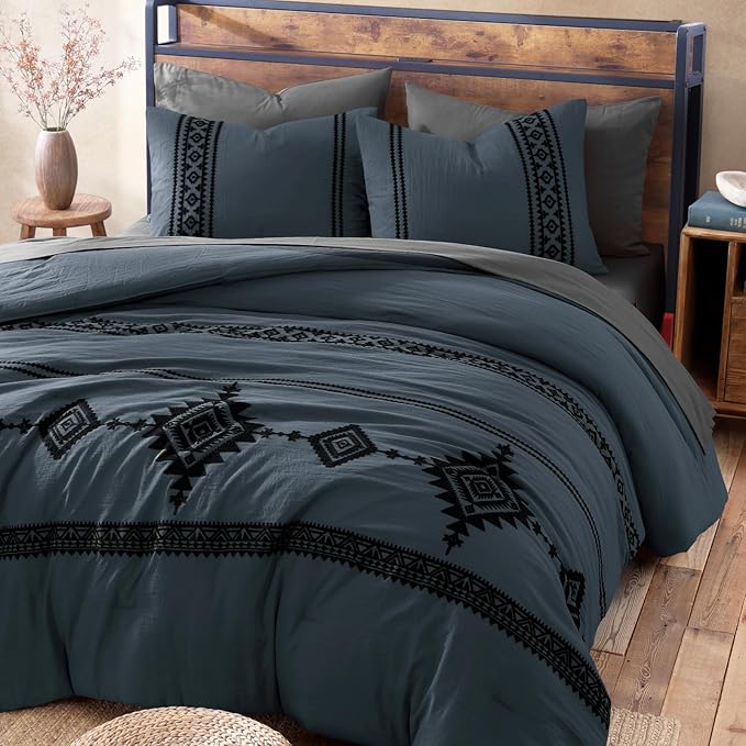 MaiRêve Oversized Queen Comforter Set Blue Grey, Embroidery Western Bedding Set Boho 7 Pieces, Farmhouse All-Season Bed in A Bag with Sheets, Pillowcases & Shams