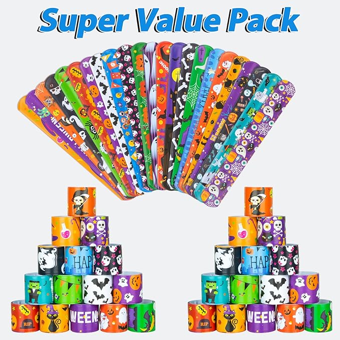 Halloween Slap Bracelet for Kids - 48 Pieces, 24 Colorful Styles, Bulk Halloween Slap Wristbands for Kids Party Favors, Toys Prizes & Goodie Bags Fillers