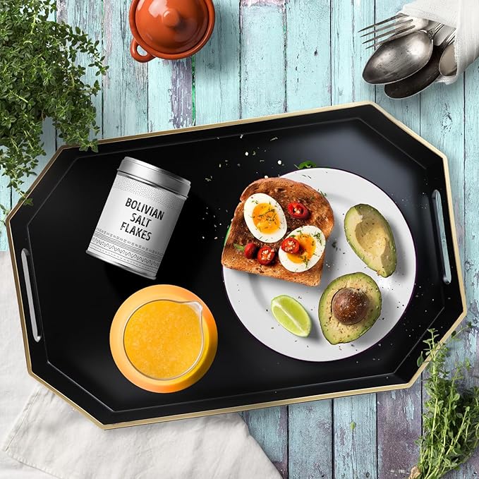 Omuriko Black Decorative Tray with Handles, Octagon Versatile Serving Tray for Coffee Table, Ottoman, Ideal for Serving, Displaying, Organizing