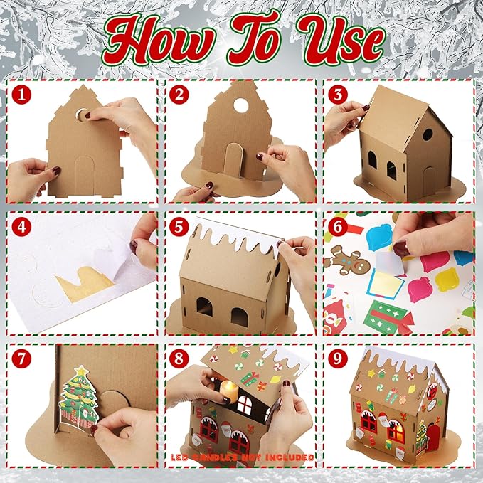 3 Sets Christmas Gingerbread House Kit Kids Christmas Craft Kit Cardboard Gingerbread House Decor Christmas Craft House Make a Gingerbread House Holiday Crafts for Christmas Party DIY Craft Supplies