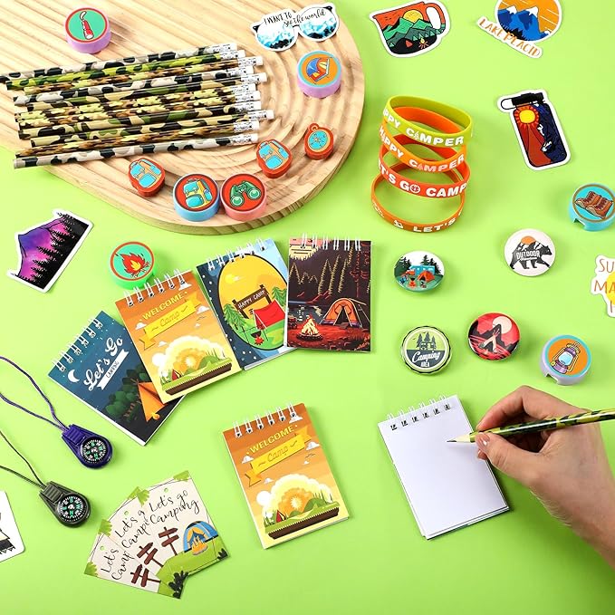 210 Pcs Camping Party Favors Camper Birthday Party Decoration Notepad Pencil Sharpener Eraser Badge Sticker Bracelet Compass Tag Keychain Flashlight Bag for Camping Theme Adventure Supplies
