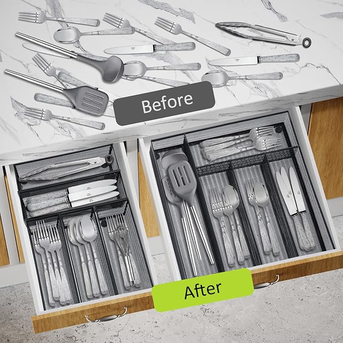 Neudeco Drawer Organizer Set 6 Pack - 5-Compartment Silverware Organizer Tray + 5 Utensil Trays, Kitchen Drawer Organizer for Flatware, Cutlery, Office Supplies, Black Mesh, Non-Slip.