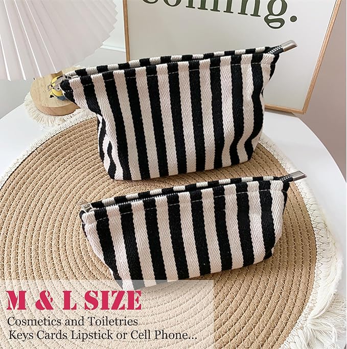 HAPPYHEIDI Large Stripe Makeup Bag Cosmetic Toiletry Travel Pouch, Purse Organizer, Canvas Lined, Black White, Large