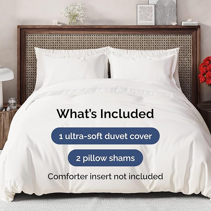 Duvet Cover Queen Size Set - Extra Soft Queen Size Duvet Cover 90 x 90 with 2 Pillow Shams - Hotel Luxury Easy Care & Fade Free w/Zipper Closures & Ties - Comfy Breathable Bedding Set (Antique White)