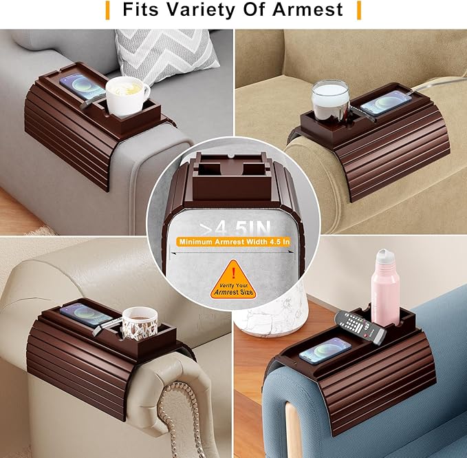 Bamboo Couch Armrest Table, Sofa Arm Tray with Detachable Couch Cup Holder- 2 in 1 Anti-Slip Foldable Sofa Armchair Caddy Table for Drinks Cellphone TV Remote Snacks (Walnut)