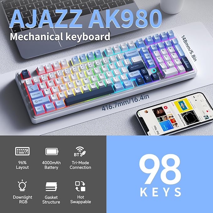 NACODEX Ajazz AK980 Blue White Wireless Mechanical Gaming Keyboard,Tri-Mode BT5.0/2.4GHz/USB-C Hot Swappable RGB Backlit Computer Gaming Keyboards for PC/Tablet/PS/Xbox