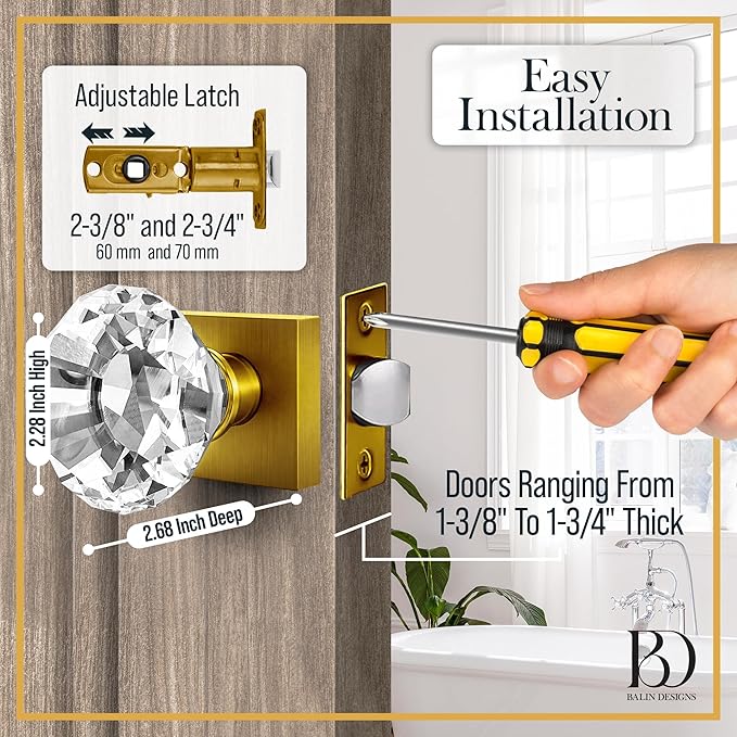 Antique Brass Crystal Door Knob, Square Base, Glass Door Knobs Interior Non-Locking Set, Brass Antique Decorative Vintage Style for Hallway, Closet, Passage Doors, 1 Pack