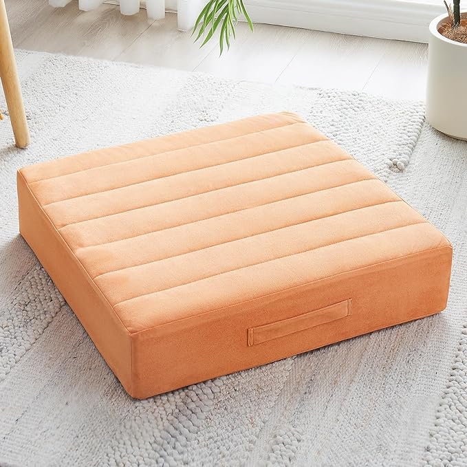 22 inches Floor Pillow for Adults - Large Meditation Cushion with Thick Foam & Soft Tufted Cover - Premium Outdoor Square Floor Cushion Seat - Yoga Pillows for Sitting On Floor - Orange