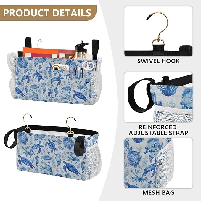 Ink Blue Turtles Fish Crabs Bedside Caddy for Dorm Bed Bedside Hanging Caddy Bag Iron Frame Storage Organizer Pocket for Bunk Home College Hospital Beds 2 Hooks